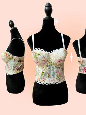 Floral Lace Bustier Crop Top Cottagecore Coquette Longline Bra